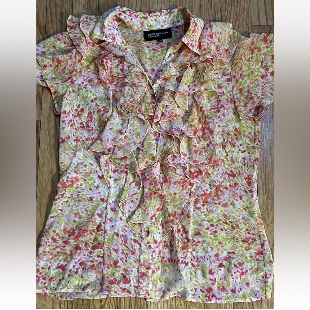 Banana Republic Pink and Green Ruffled Blouse Sz 6